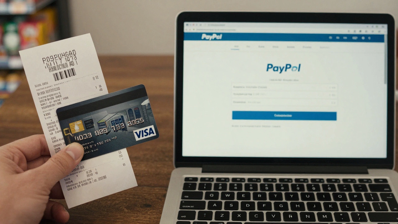 Hand holding prepaid card next to receipt, with PayPal confirmation on laptop.