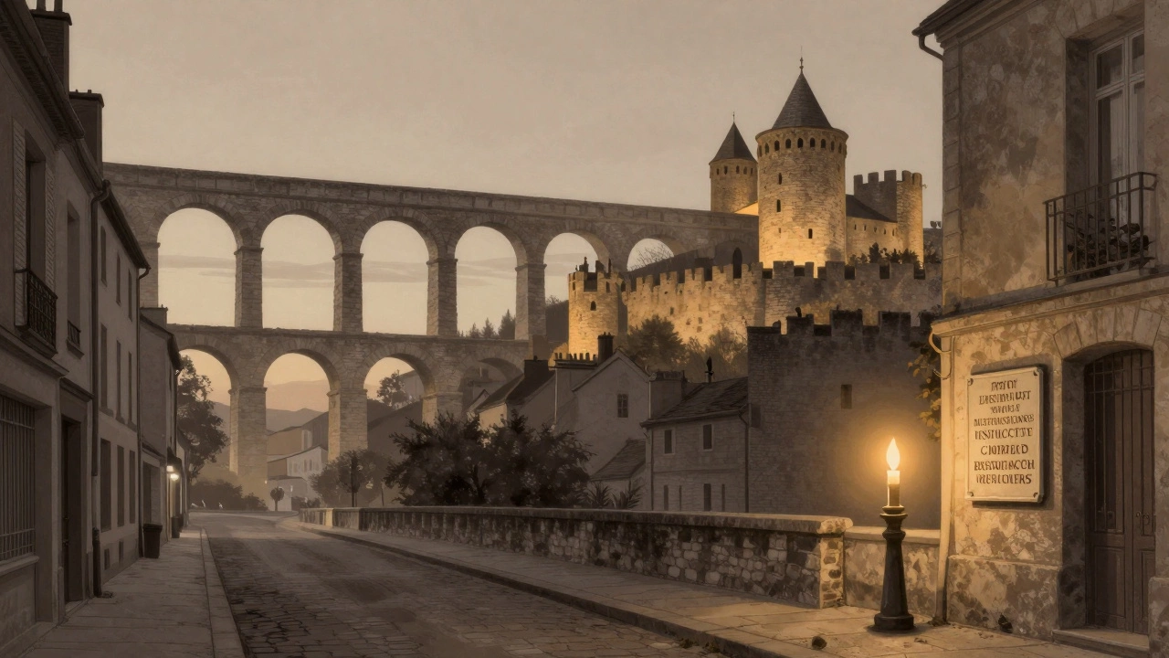 Layered illustration showing Roman ruins, medieval walls, and a memorial alley blending across time in France.