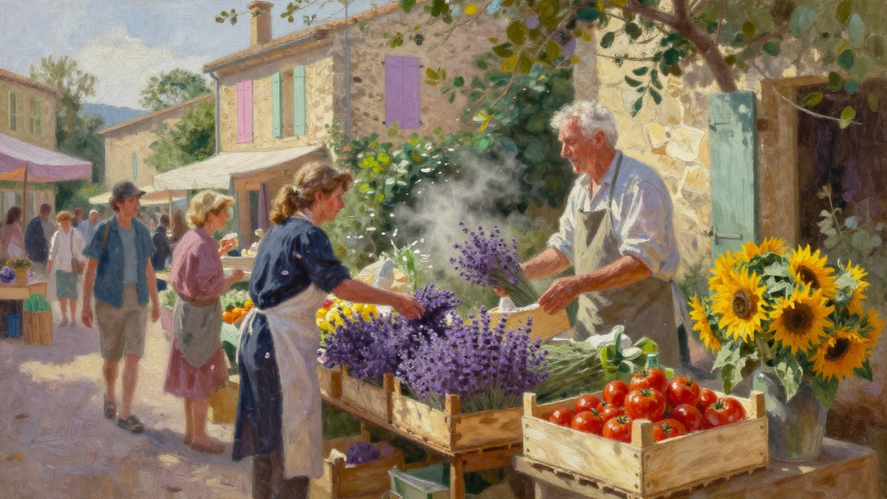 Vibrant Provence farmers&#039; market at dawn with lavender, sunflowers, and vendors in pastel stone buildings.
